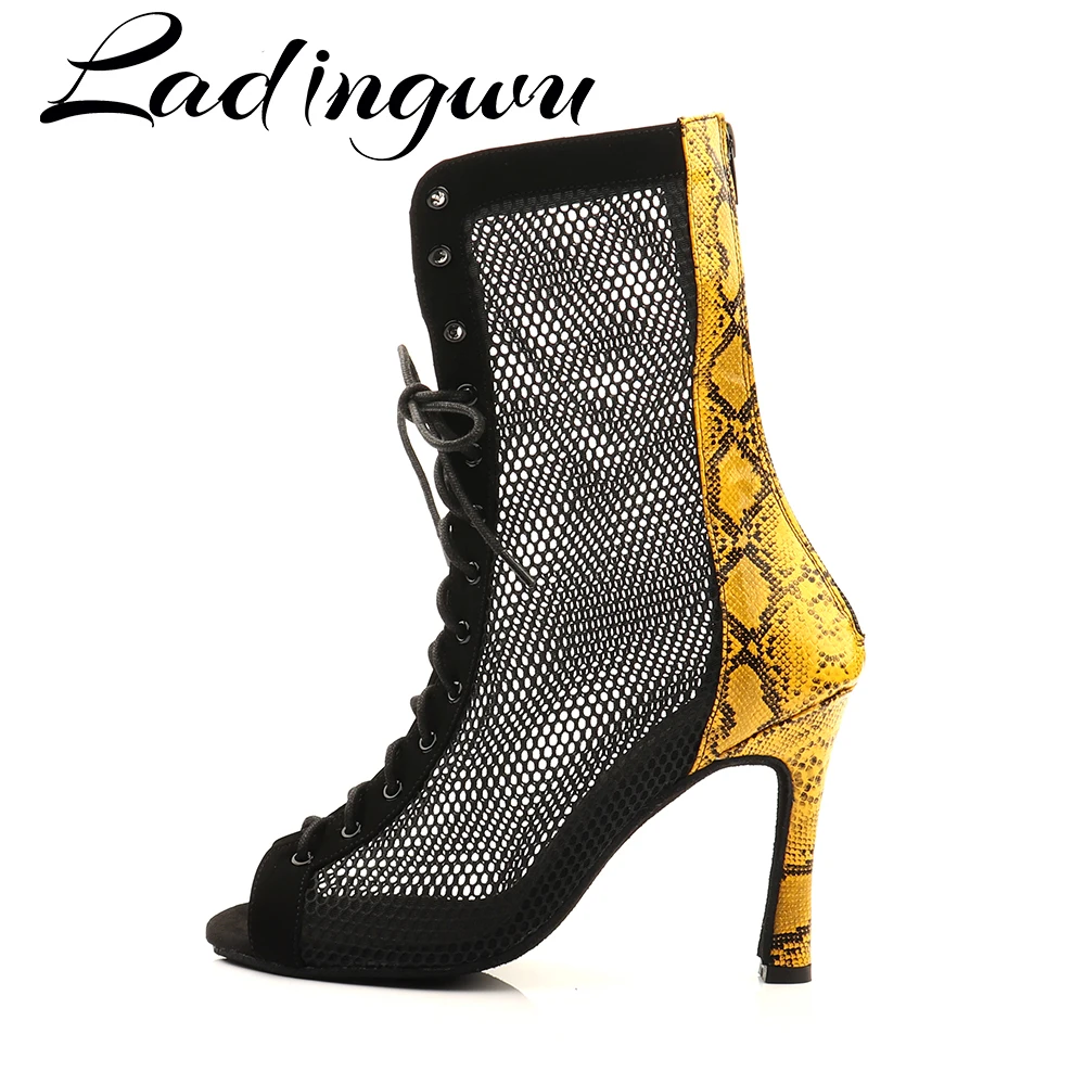 Ladingwu Latin Dance Shoes Salsa Women Ballroom Dance Boots Snake Pattern PU And Breathable Mesh Ladies Girls Dancing Shoes