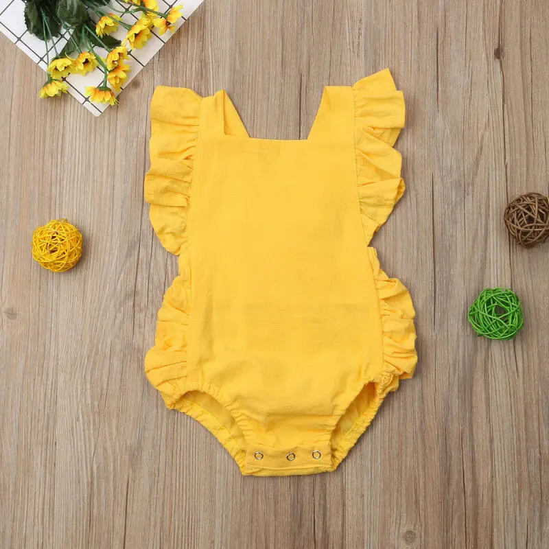 Bebê recém-nascido Ruffled Sem Mangas Backless Romper, Macacão De Cor Sólida, Roupa De Sunsuit, Roupas De Verão, 0-24M