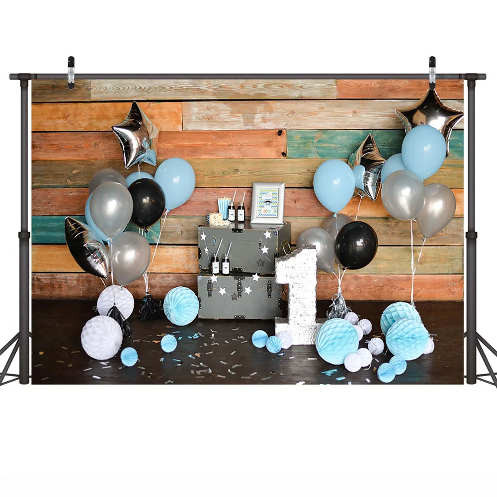 เด็ก 1st Birthday Party แบนเนอร์ฉากหลัง Photocall บอลลูนเด็กเค้กวันเกิดพื้นหลังไม้อิฐผนังการถ่ายภาพ