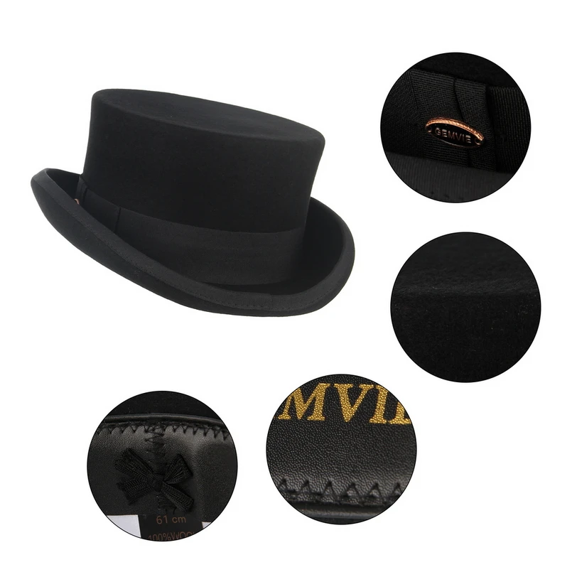 GEMVIE 11cm 100% Wool Felt Top Hat For Men/Women New Cylinder Hat Topper Mad Hatter Party Costume Fedora Derby Magician Hat