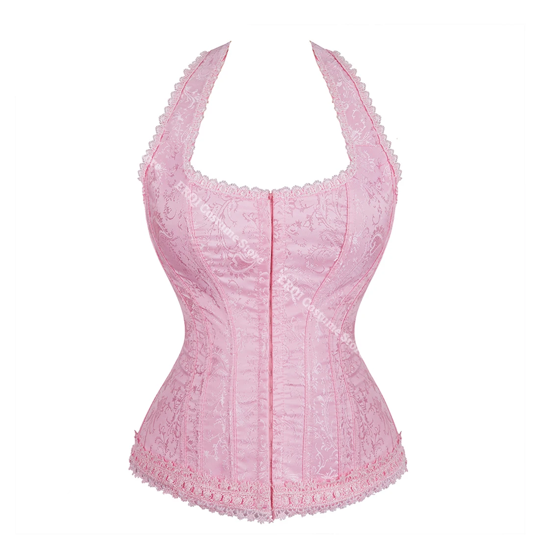 Pink Corset Top Straps Hook&Eye Overbust Corset For Women Jacquard Lace Up Boned Bustier BodyShaper Halter Neck Outfits