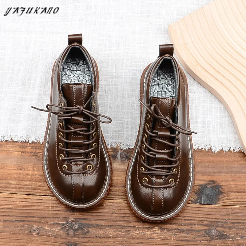 Mori Thick-Soled College British Lace-Up Women Small Leather Shoes Big Head Doll Shoes Literary Retro Platform Flat Women Shoes