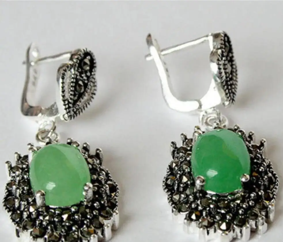 New Pair Natural Green Quartzite stone 925 Sterling Marcasite Dangle Earrings