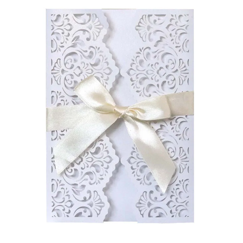 50pcs Elegant Flower Laser Cut Favor Wedding Invitations Card Lace Pocket Customize Invites Greeting Card Printing Party Decor