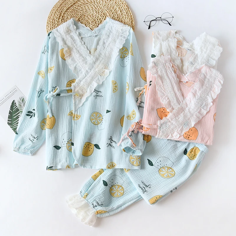 

Japanese Style Pregnant Woman Pajamas Cardigan + Trousers Set Kimono Comfortable Gauze Crepe Cotton Pajama Spring Sleepwear