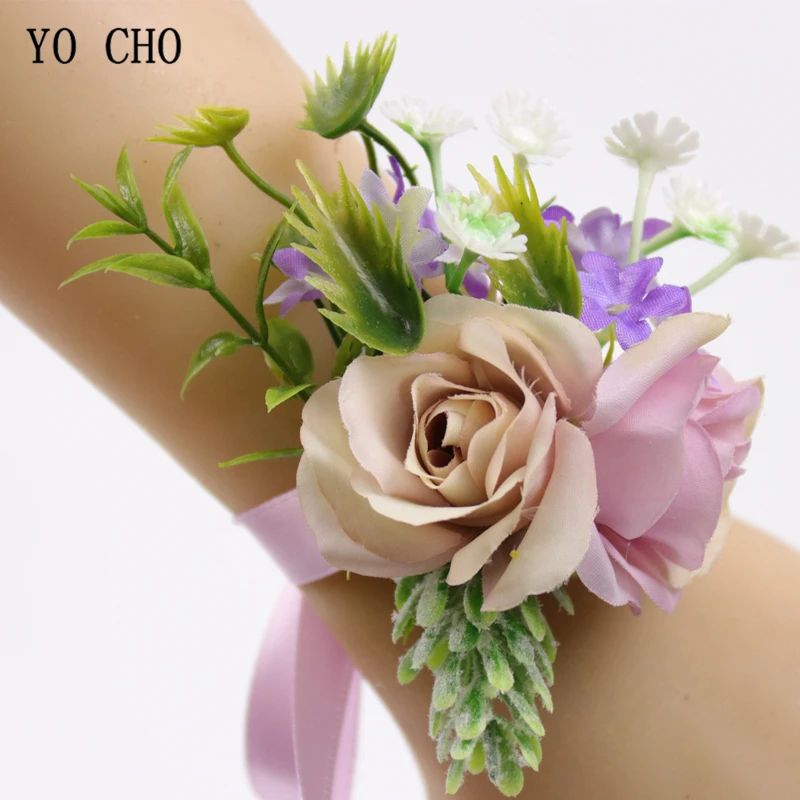 YO CHO Bruiloft Corsages En Boutonnières Hoge Kwaliteit Zijde Rose Orchidee Bloem Meisje Corsages Prom Lint Kunstmatige Pols Bloemen