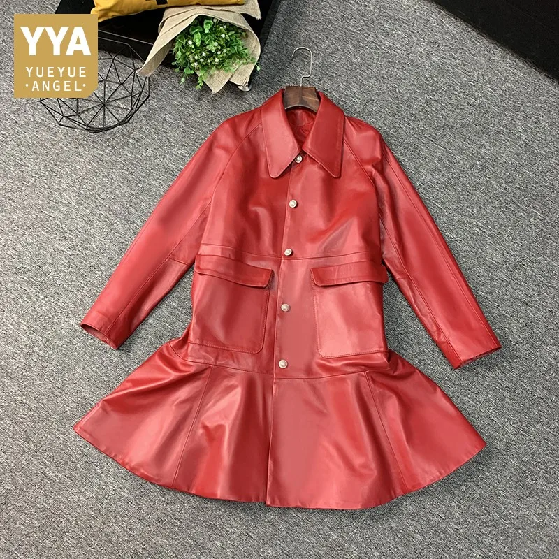 Women Sheepskin Ruffle Dress Designer Single Breasted Slim Trench Coat Autumn Winter New Vintage A-Line Real Leather Dress