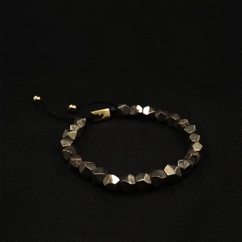 POHIER  Natur Stone Squared Collection - Faceted Iron Pyrite Bead Bracelet For Man Woman  Jewelri For Gift