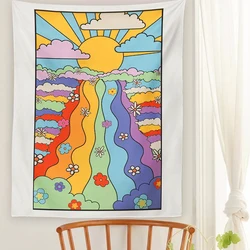 70's Girly Rainbow and Floral Tapestry Wall Hanging 70's Sunset and Flowers Tapestry Decor Living Room Bedroom Bohemian Print