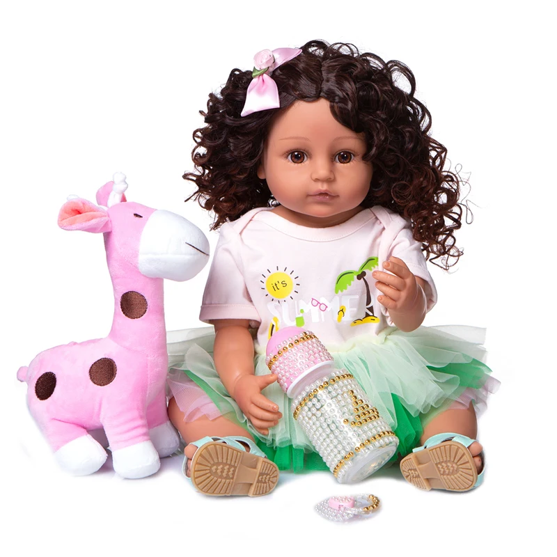 55CM FULL Body Silicone Doll Bebe Reborn Doll in African American Skin Bonecas Bebe Girl Doll with Afro Curly Hair Xmas Gift Toy