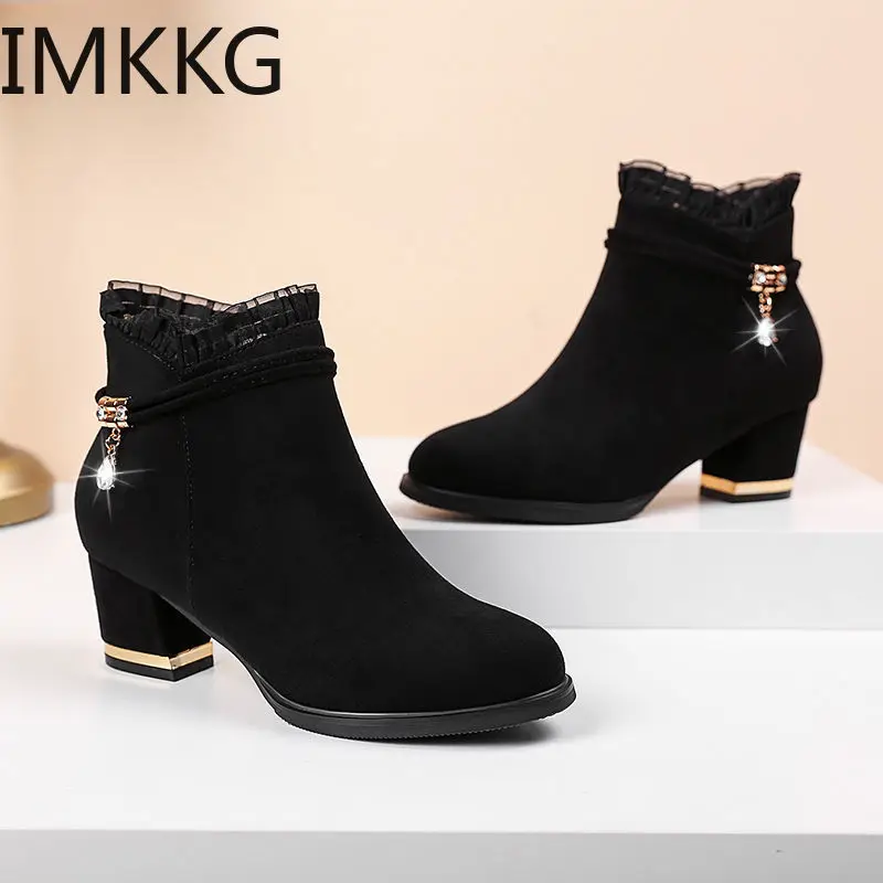 2020 new Elegant Ankle Boots Women\'s Lace Short Boot Lady Fashion Evening Party High Heel Shoes Suede Botas Classic Black