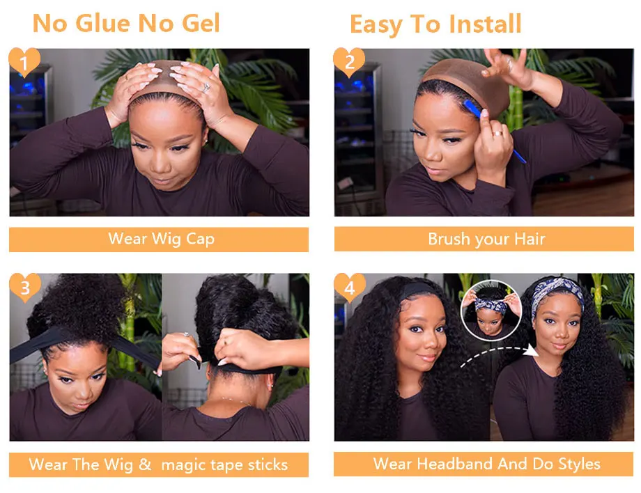 Afro Kinky Curly Human Hair Headband Wigs 180% Density Human Hair Brazilian Remy Full Machine Made Hair