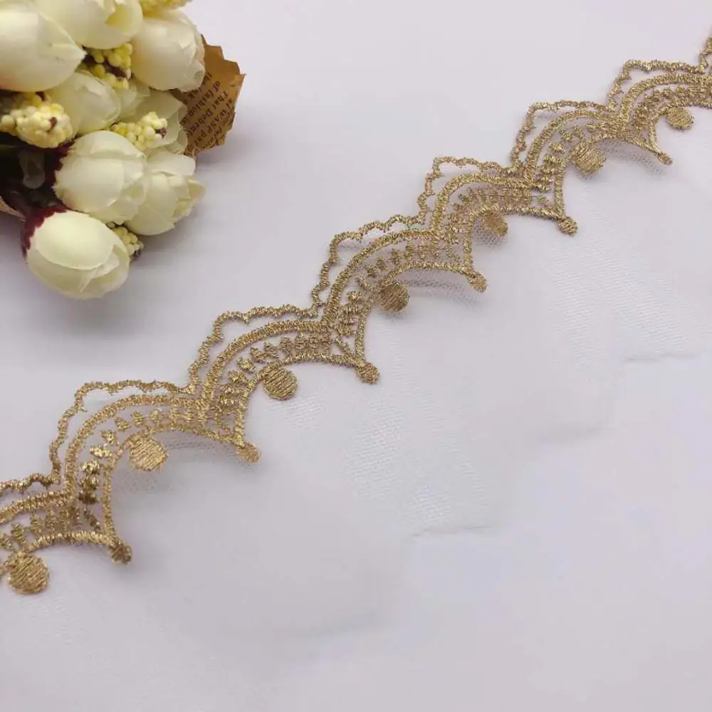 5Yards 6.5cm Soft Ivory Mesh Gold Thread Polyester Fabric Venise Lace Trim Embroidery Sewing Crafts Doll Material Lace Edge