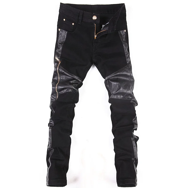 Zipper Splicing leather pants Long Pencil Pants  Jeans Slim Spring Hole Men's Fashion Thin Skinny Jeans Men Hiphop Trousers