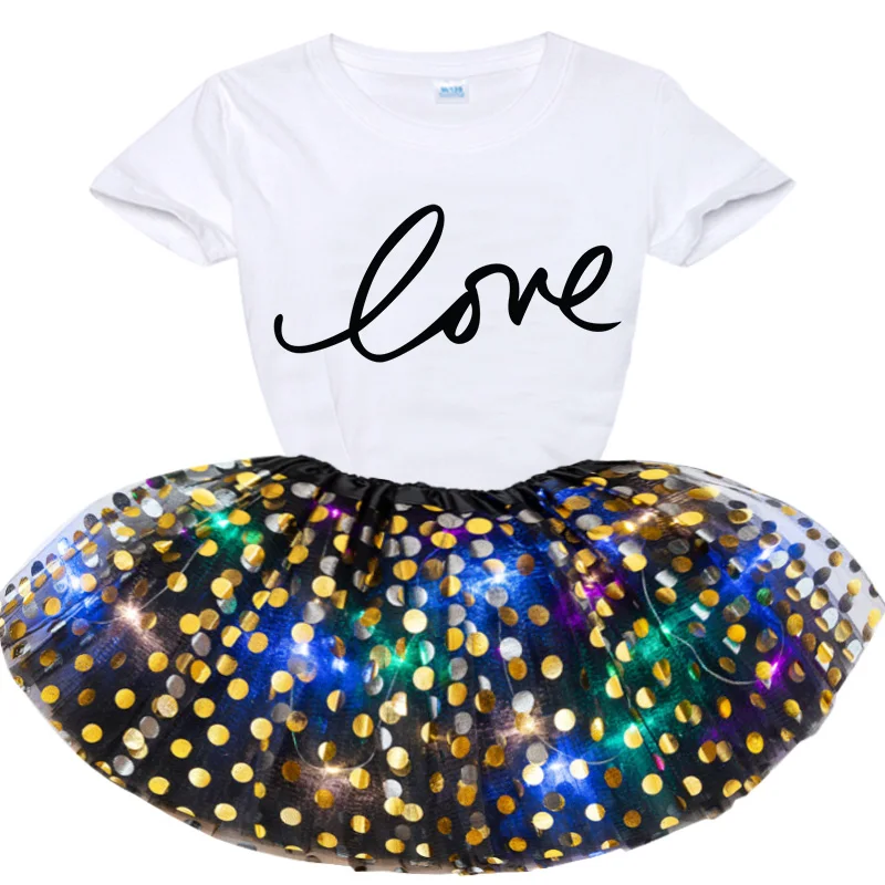 

2021 Girls LOVE Letter Printing T-shirt+Sequin Skirt Set Summer Kids Girls A Birthday Present Personalized Customization Dress