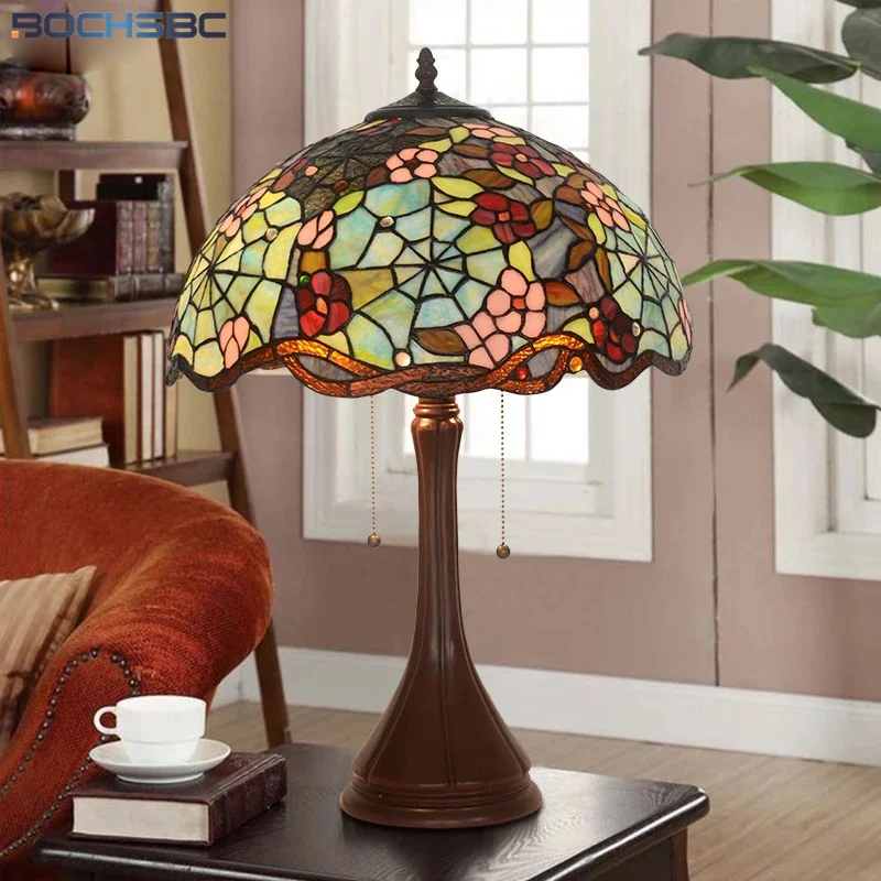 BOCHSBC Tiffany Style Desk Sspider Man Web Stained Glass Lampshade Blue Red Green Peach Flower Table Light Classical Art