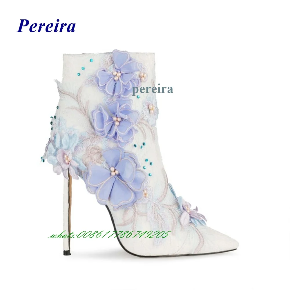 

Pointed Toe Lace Flowers Ankle Boots Stiletto Heel High Heel Side Zipper Pearl Mixed Color Wedding Shoes Spring Autumn Shoes