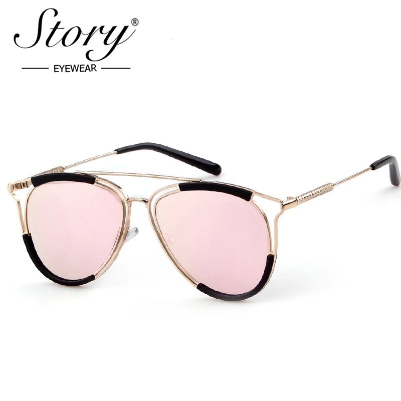 

STORY 2018 Hollow Cat Eye Sunglasses Women Vintage Retro Metal Frame Pink Yellow Lens Tinted Sun Glasses UV400 Shades Eeywear