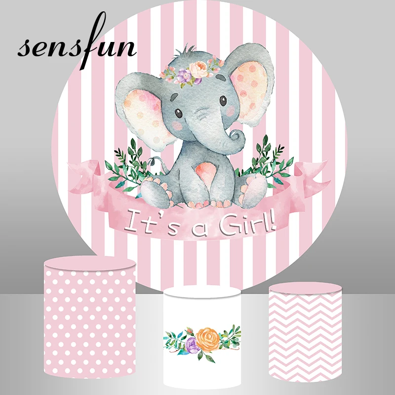만화 아기 코끼리 원형 배경 커버, 핑크 흰색 줄무늬 소녀 베이비 샤워, 생일 파티 배경 실린더 커버