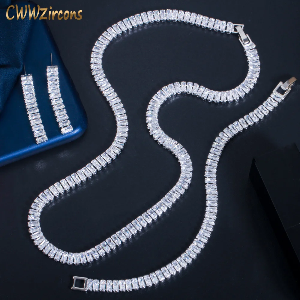 CWWZircons 3 Pcs Fashion Luxury Silver Color Cubic Zirconia Women Party Wedding Bridal Costume Jewelry Set Accessories Gift T506