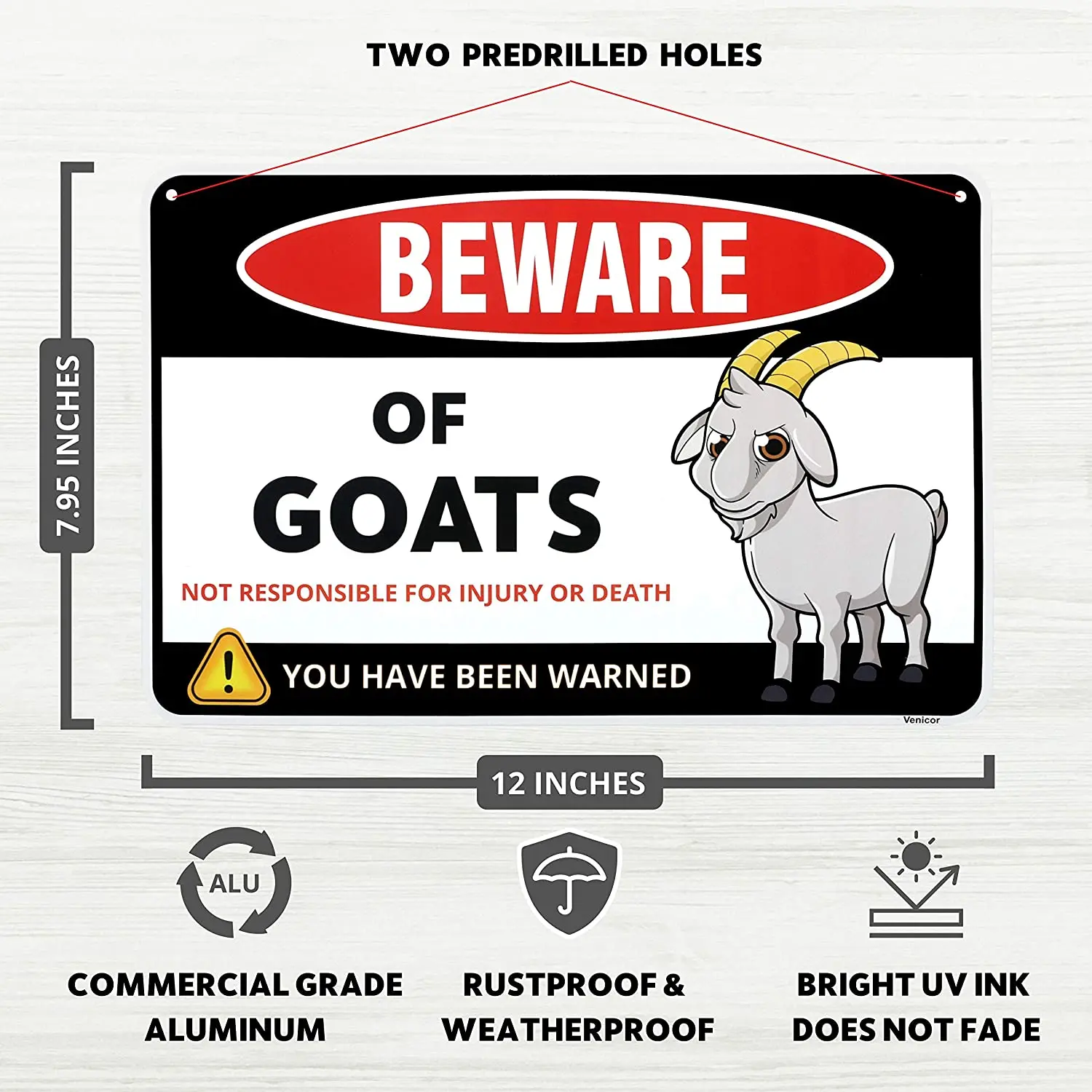 Venicor Beware of Goats Sign - 8 x 12 Inches - Aluminum - Goat Decor Wall Art - Goat Gifts for Goat Lovers - Goat Supplies Hay