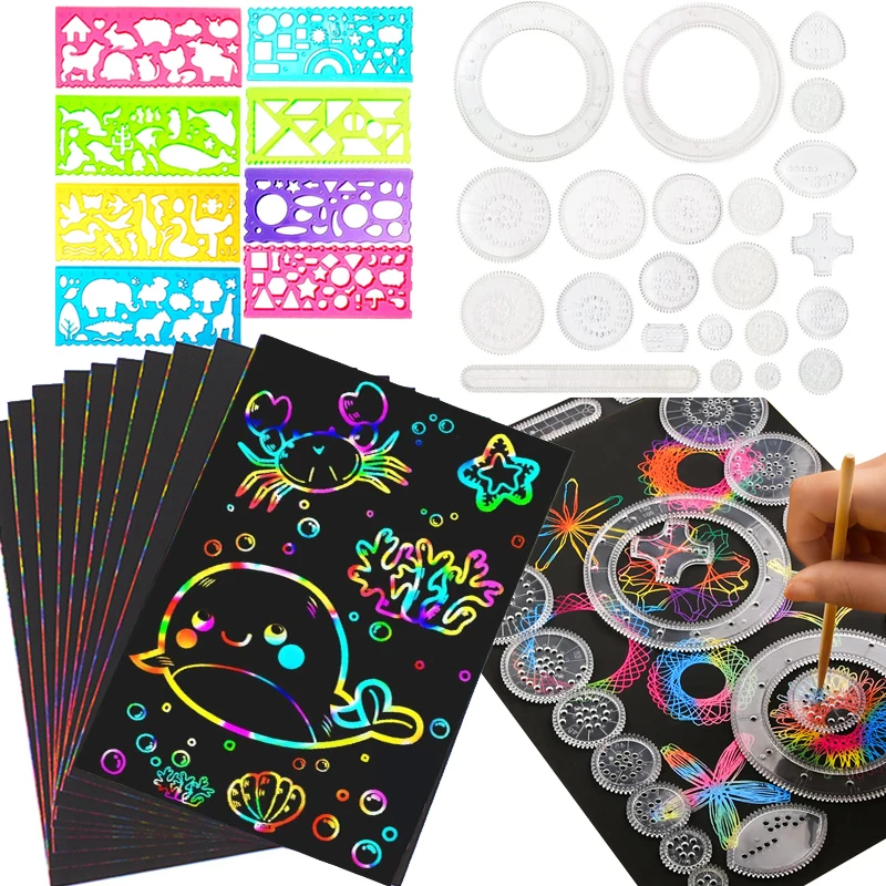 Scratch Rainbow Papers Classic Gear Spirograph Drawing Set Animal Geometric Painting Stencils Rulers Kids Art Carft Toys