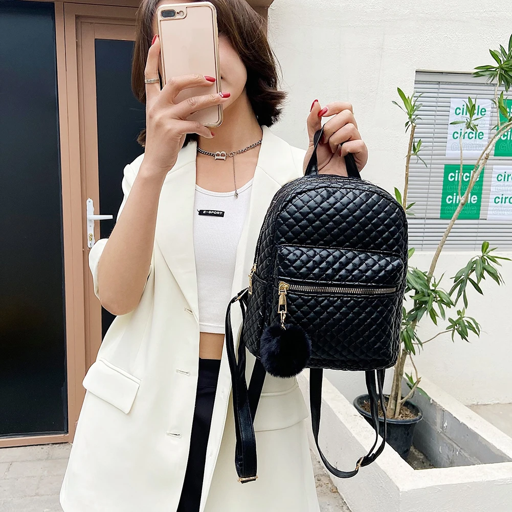 Preppy Style Fashion Women's Leather Backpack Lattice Pattern Solid Color Small Backpack Casual Lady Handbags Rucksack Knapsacks