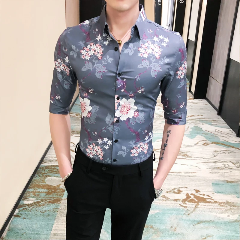 Flower 2020 Summer Print Hawaiian Men Shirt Night Club Streetwear Social Shirt Casual Slim Fit Short Sleeve Shirts Chemise Homme