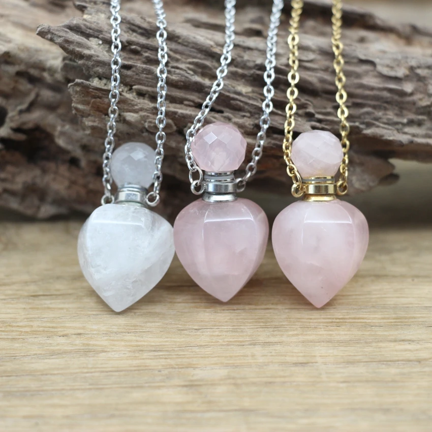 

Heart Shaped Rose Quartzs Essential Oil Vial Pendant Necklaces Natural Crystal Amethysts Perfume Bottle Charm Jewelry QC1065