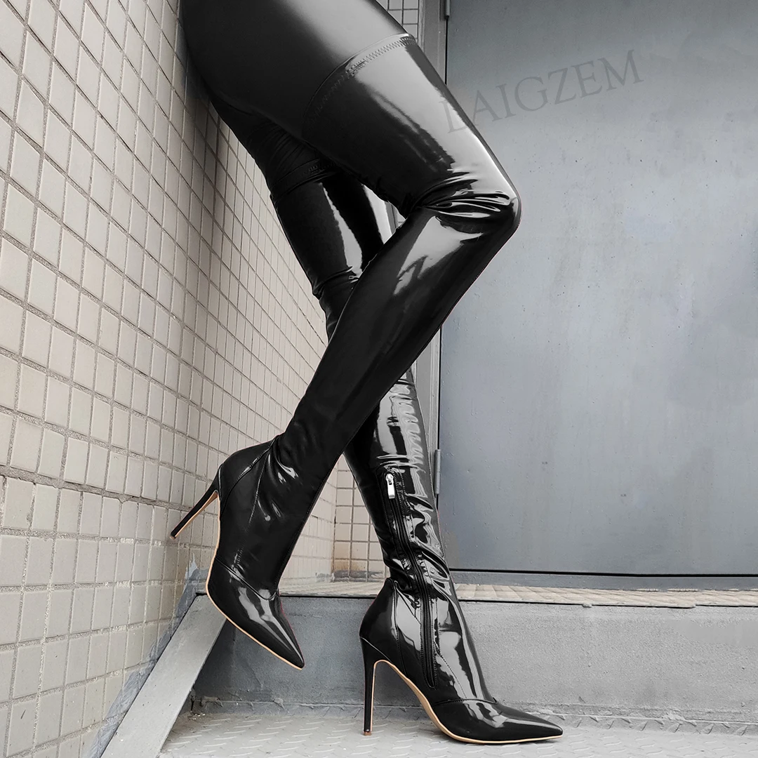 LAIGZEM Stretchy Women Thigh High Boots Shiny Side Zip Stiletto High Heels Boots Over Knee Frauen Stiefel Club Big Size 41 44 47