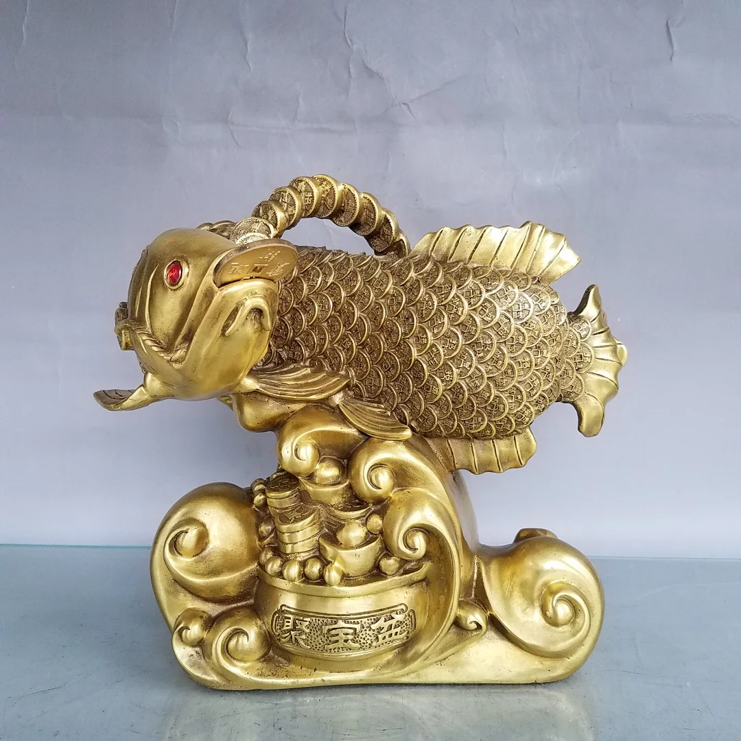 

10"Tibetan Temple Bronze Money fish statue Carp spit coins Wishful Ingot Implication Lucky fortune Get promoted office ornament