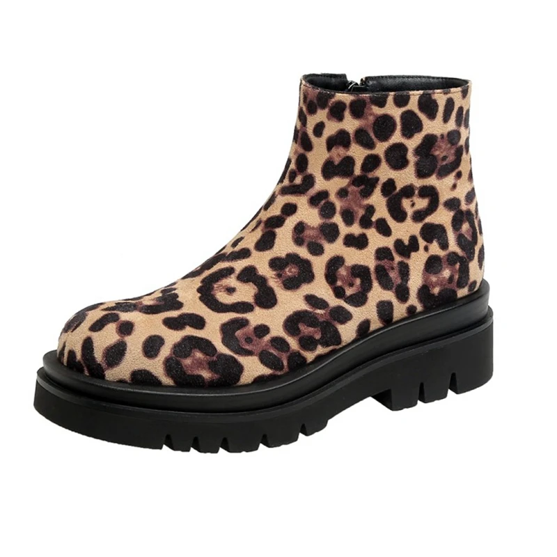 Fashion Chunky Platform Boots Women Autumn Winter Thick Bottom Short Boots Woman High Quality Leopard Print  Botas D-217