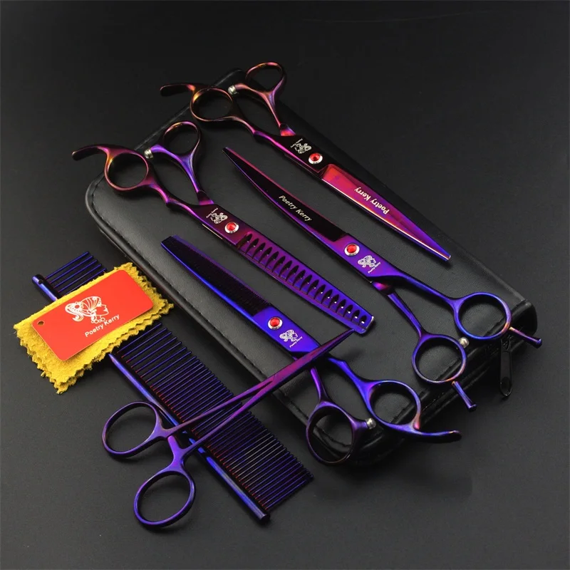 7.0 Inch Professional Pet Scissors For Dog Grooming Dogs Shears Hair Cutter Straight &Thinning & Curved Scissors 4pcs Set +Comb