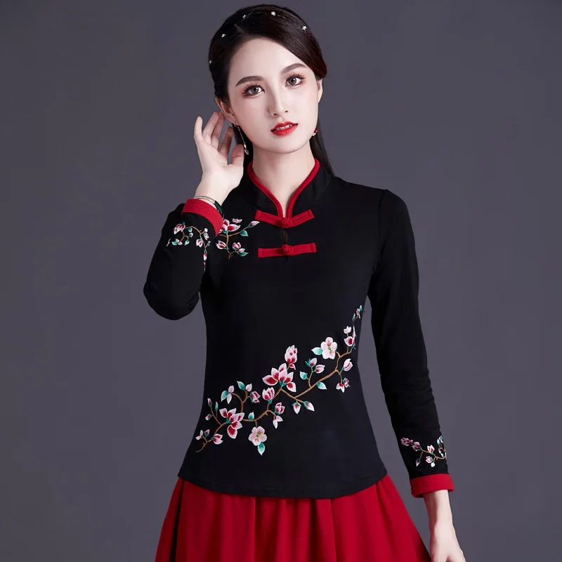 Chinese Style Clothing Women Hanfu 2021 Vintage Shirt Ethnic Tunic Patchwork Blouse And Top Women Ladies Chinese Tops V1932