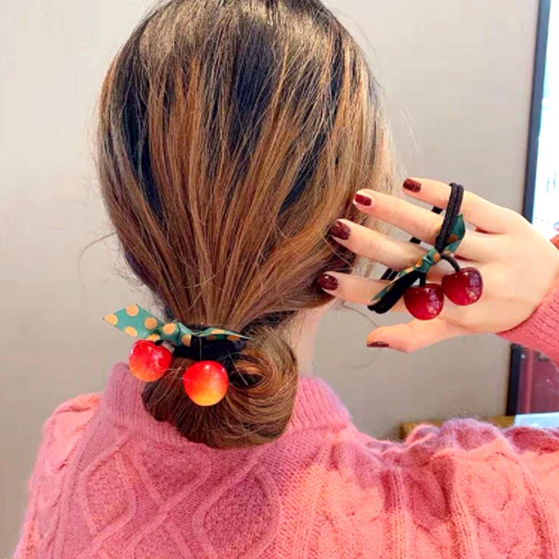 Kore kız için elastik saç bantları moda zarif yay kiraz çift katmanlı halat Scrunchie kadın at kuyruğu tutucu saç aksesuarları