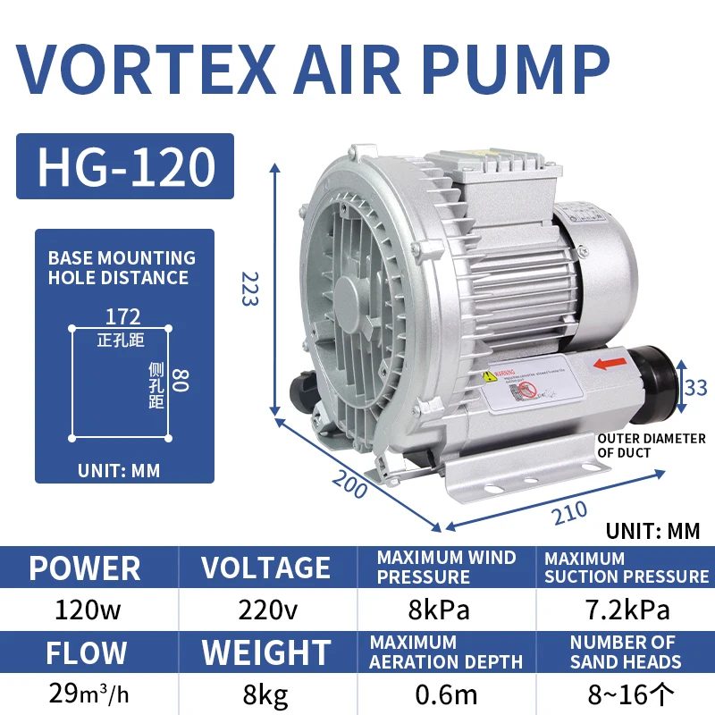 HG-120/180/250 High Pressure Vortex Fan Centrifugal Fan Industrial Powerful Blower Vortex Air Pump Vacuum Pump Fish Pond Aerator