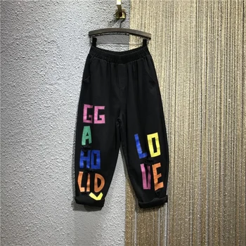 Hop Hüfte Elastische Hohe Taille Harem Hosen Frauen Lose Fit Loch Zerrissene Gedruckt Jeans Neue Sommer Casual Weiß Schwarz Rot denim Hosen