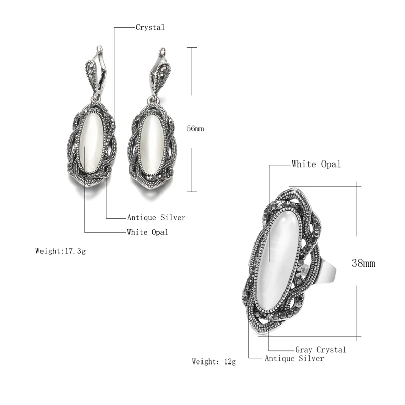 Wbmqda Hot Boho Yellow Stone Earring Ring Sets For Women Tibetan Silver AAA Gray Crystal Big Oval Earring Vintage Jewelry