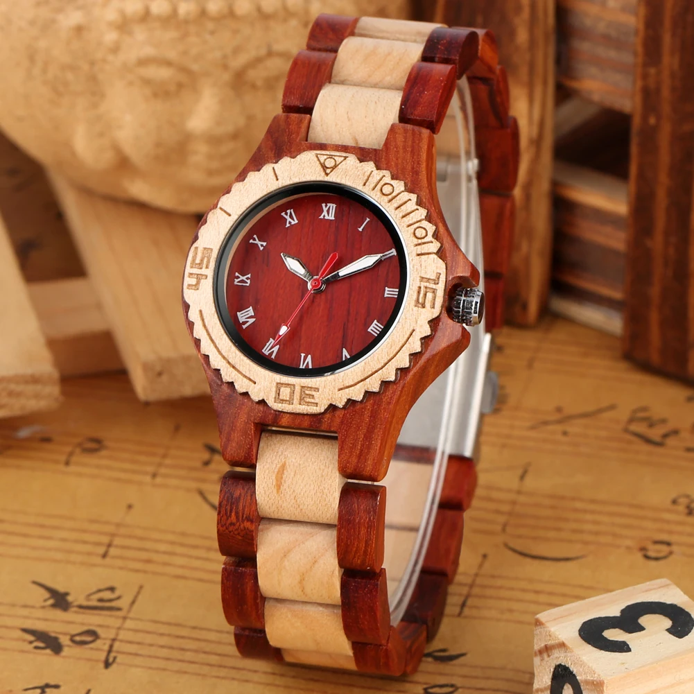 New Fashion Red Sandalwood Maple Wood Roman Numerals Dial Quartz Watch Full Wooden Wrist Band Retro Woody Clock for Men Women