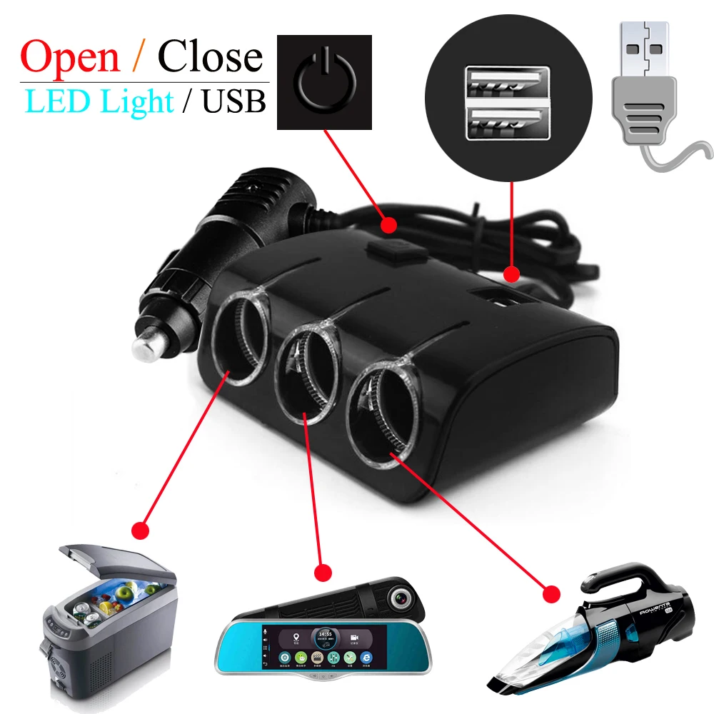 Cigarette lighter Splitter 12/24V (for 3 outputs + 2 USB)