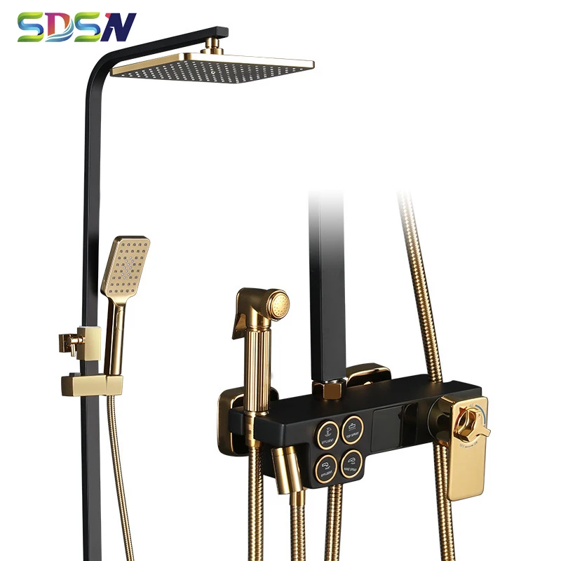 

Thermostatic Digital Shower Set of Quality Brass Bathroom Mixer Faucets Tap Smart Black Gold Digital Bath Shower System Set