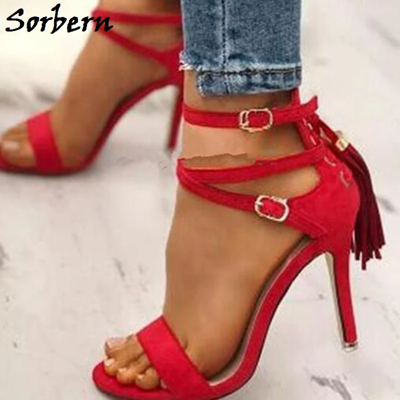 

Sorbern Tassel Red Women Sandals High Heel Stilettos Party Shoes For Women Strappy Heels Slingback Shoes Big Size Custom Colors