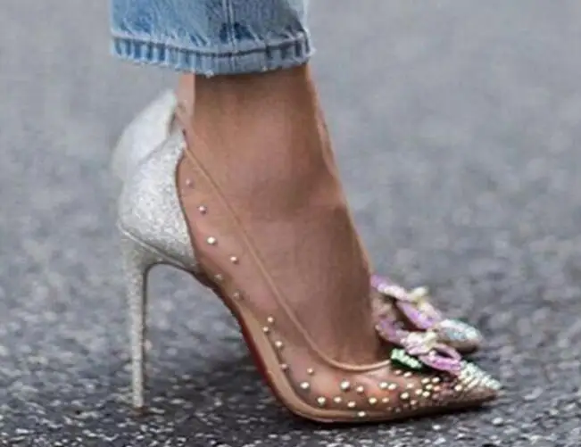 

Hot Woman Fashion Flowers Pearls Mesh Diamond Pointed Toe Pumps Lady Bling Shallow Crystal Back Stiletto Heels Bride Shoes