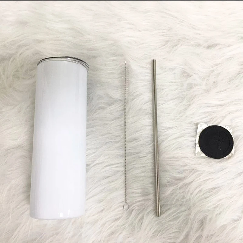 Wholesale 20oz White Blank Straight Skinny Tumbler With Metal Straw Brush Rubber Coaster Doubel Wall Thermos Cup For Party Gift