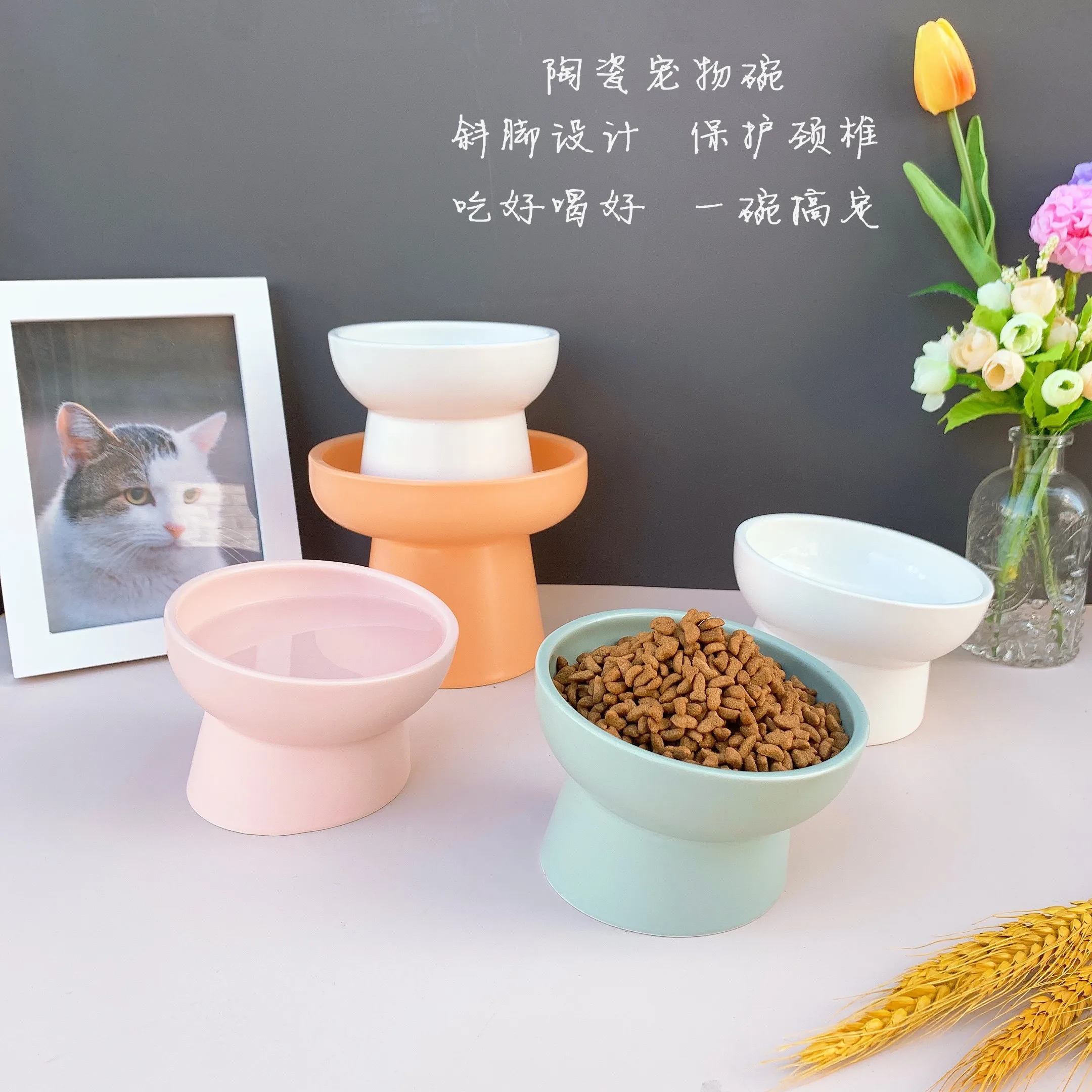 Pet bowl ceramic cat bowl dog bowl oblique mouth high bowl cat food bowl protection spine flat face double bowl pet supplies