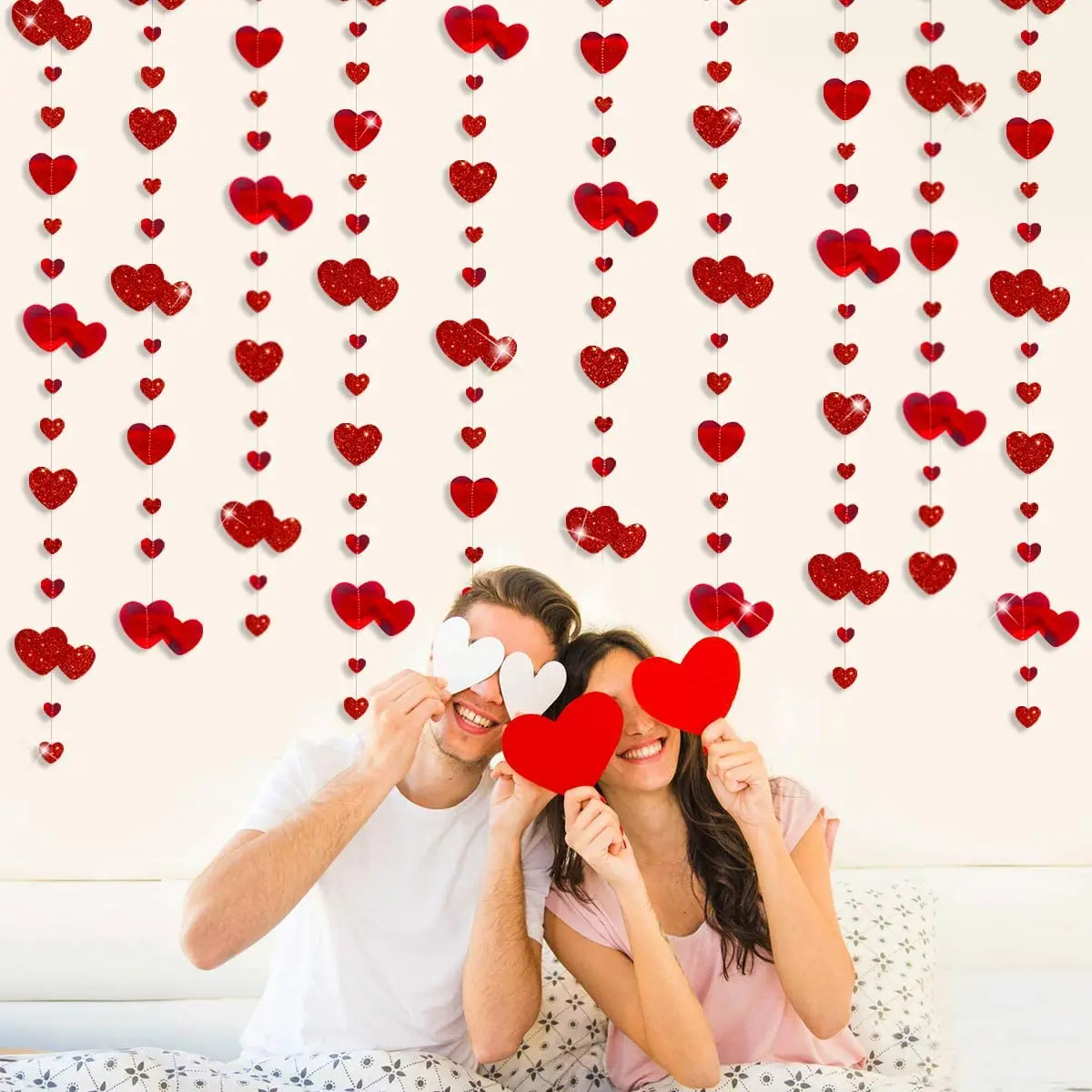 Bridal Shower Red Heart Garlands Double Sided Paper Hanging Streamers For Mother's Day Wedding Bachelorette Party Decorations