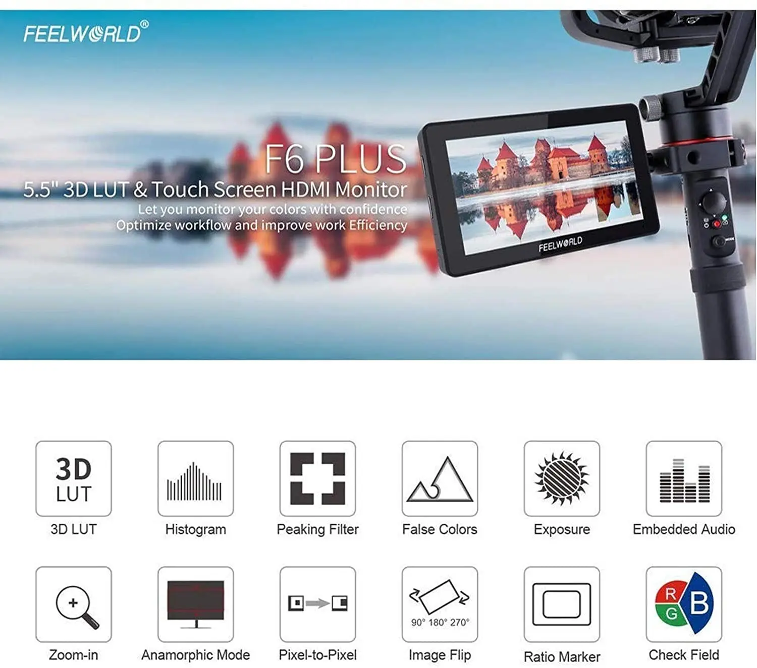 FEELWORLD F6 Plus V2 6 Inch On-Camera Dslr Field Monitor Touch Screen Monitor Met Hdr 3D Lut Ips Fhd 1920X1080 Video Focus Assis