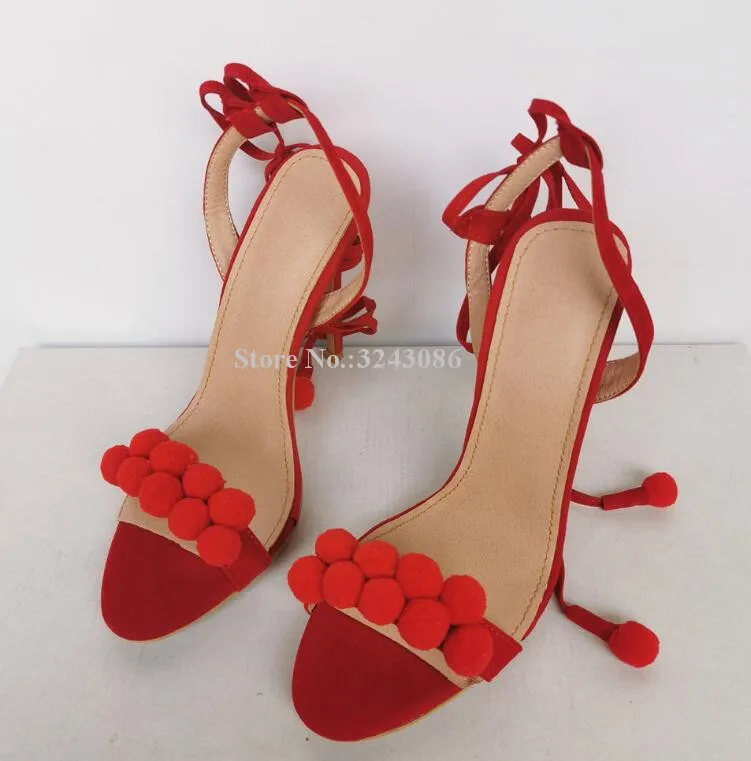 Red Color Lace-up Ball Decor Sandals Women Sexy Concise Style Real Photos Stiletto Heel Dress Sandals Shoes Lady High Heels