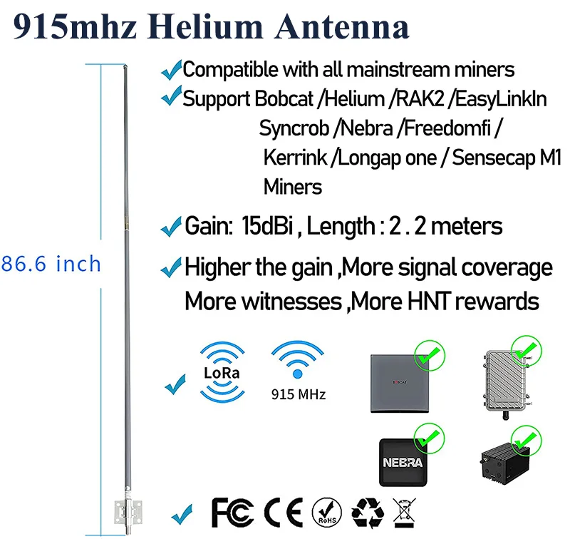 Imagem -06 - Lorawan-antena de Hélio para Hotspot Mining Booster 915mhz 15dbi 7.2ft Hélio Hnt Us915 ca