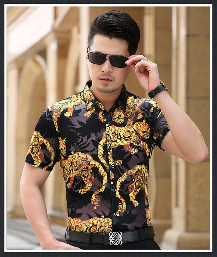 Through See Silk Shirts Mens Sexy Night Club Shirt Short Sleeve Transparent Fashion Tiger Print Shirts S-3XL